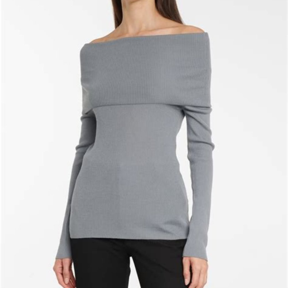 MaxMara Leisure Sweater Virgin Wool Lorena Off-shoulder Rib Gray Medium NWOT